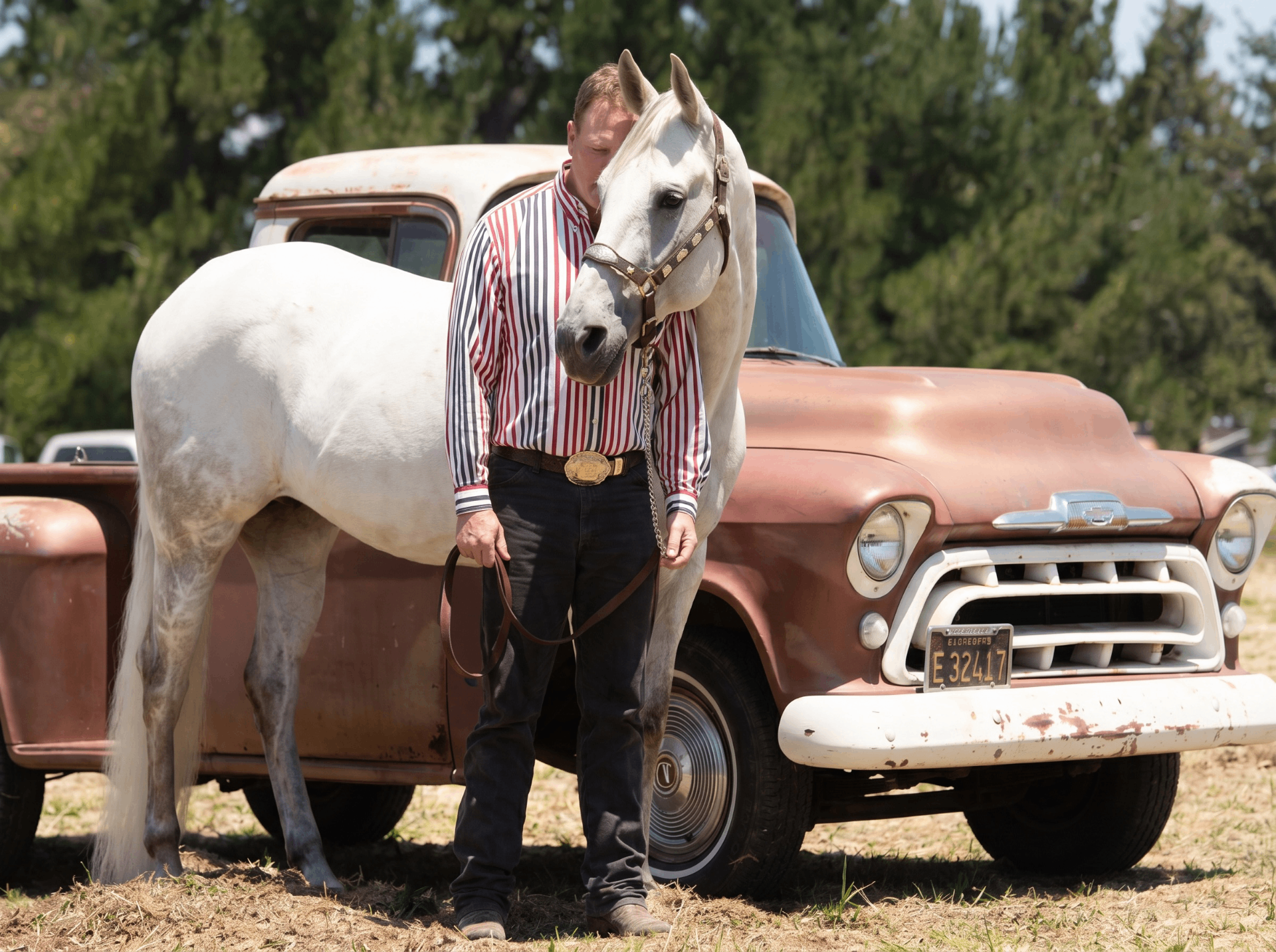 Grey horse being led beside a vintage pickup truck at a show