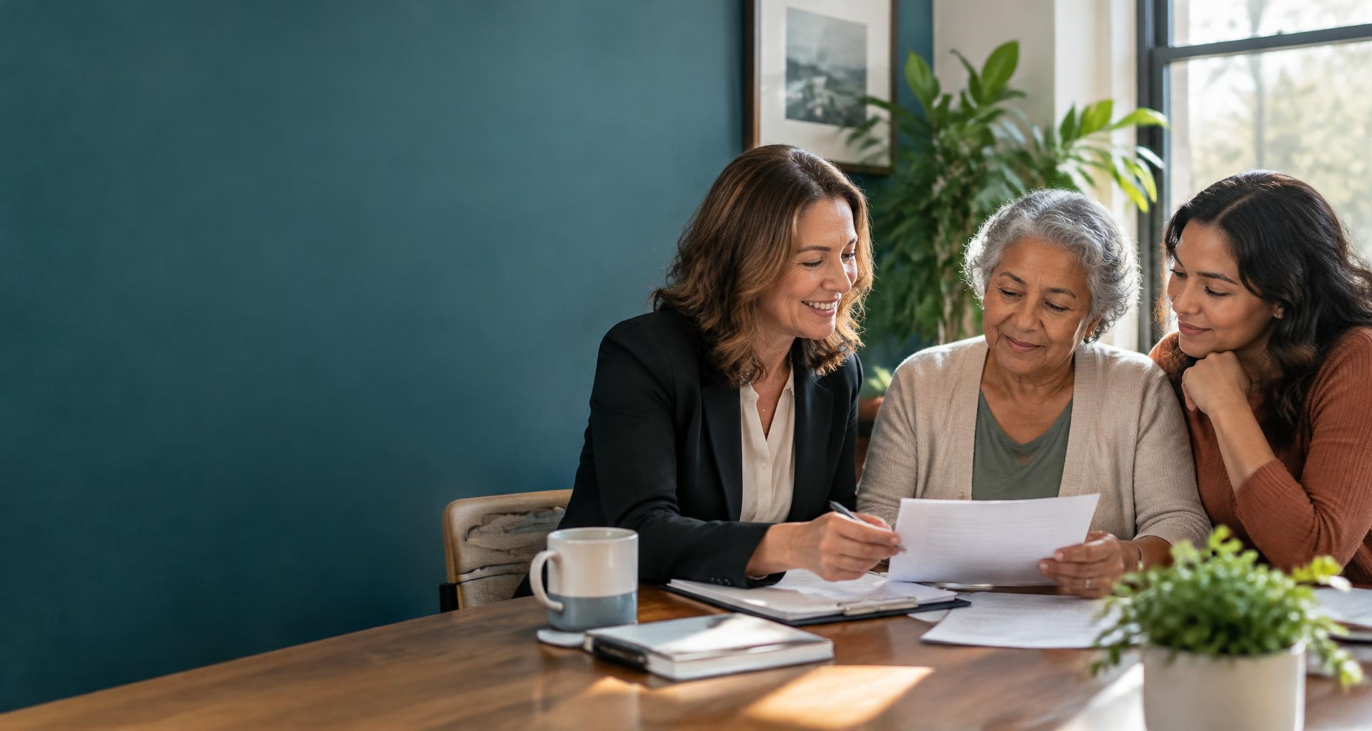 Illustration of an advocate reviewing paperwork with a family